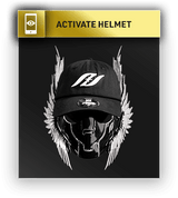 Alt-Text (Deutsch): Schwarzer Helm mit spiegelndem Visier, verziert mit silbernen Flügeln und schwarzer Baseballkappe mit weißem Logo; darüber goldener Banner mit Text „Activate Helmet“.