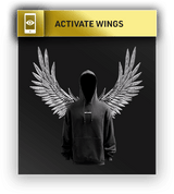 Alt-Text (Deutsch): Schwarzer Hoodie mit silbernen Engelsflügeln auf dunklem Hintergrund, darüber goldener Banner mit Text „Activate Wings“ und Smartphone-Symbol.