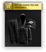 Schwarzes Streetwear-Set bestehend aus Hoodie, Jogginghose und Cap mit weißem Logo auf dunklem Hintergrund, beworben mit einem goldenen Banner.