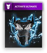 Futuristische Rüstung mit leuchtenden blauen Blitzen und stilisierten Flügeln, Symbol für „Activate Ultimate“ in einem Videospiel oder Gaming-Kontext.